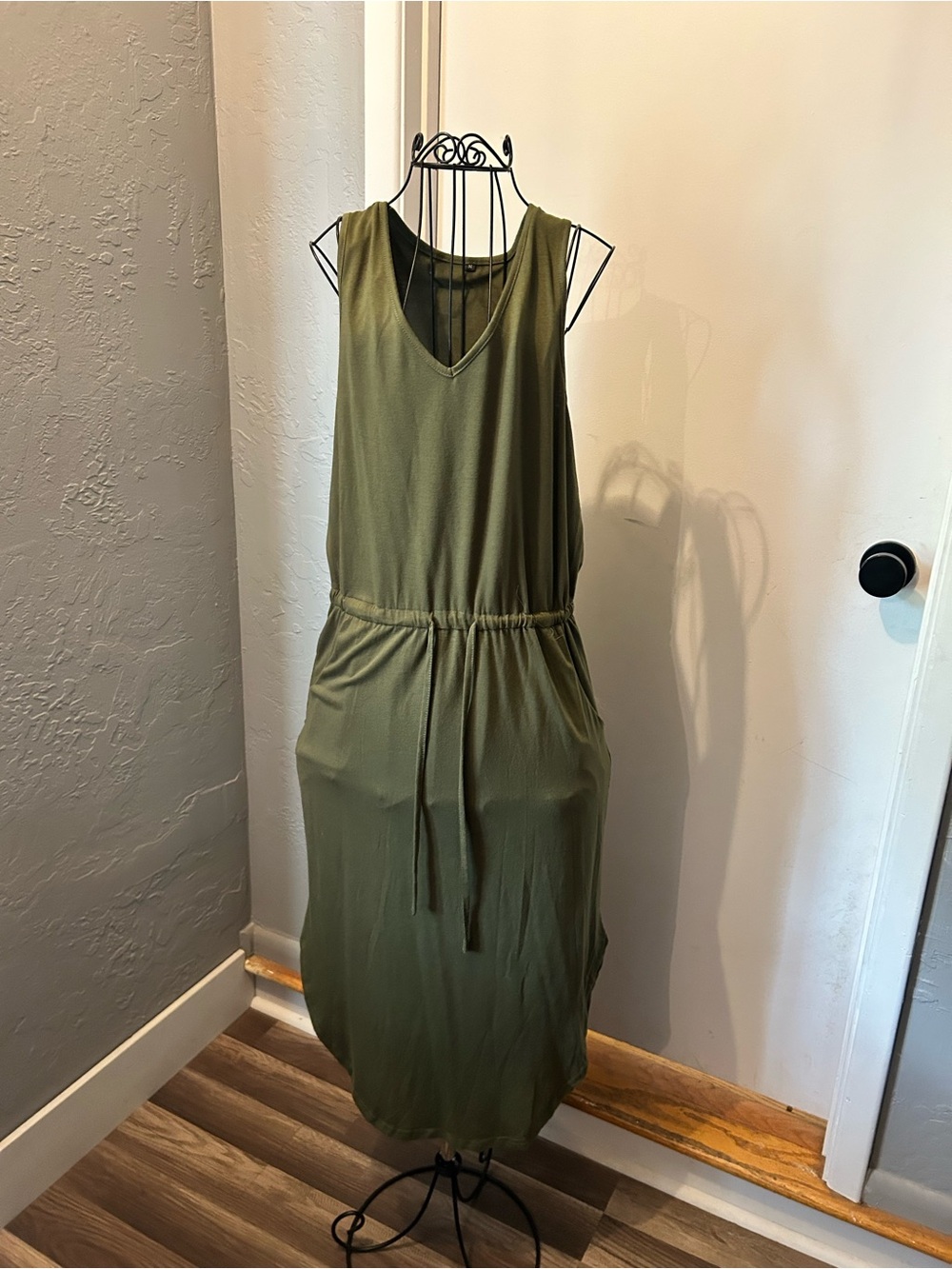 Sleeveless V-Neck Drawstring Olive Green Women's Dress